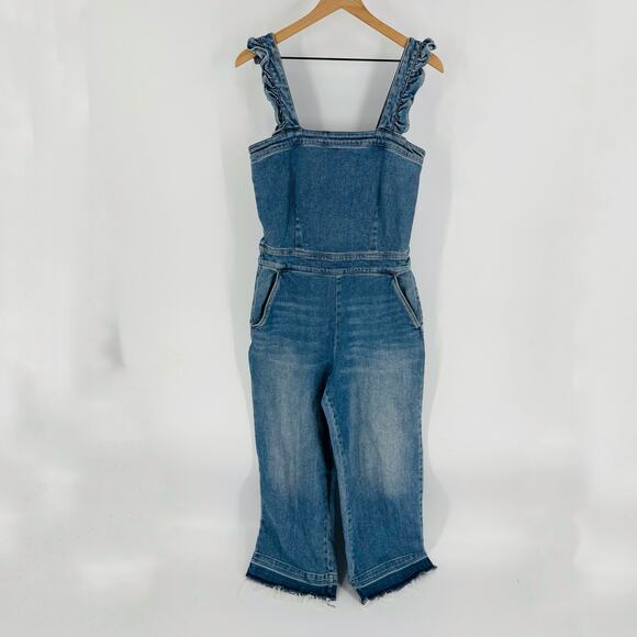 Blank NYC Denim Overalls Women’s Size 29 Blue Wide Leg Cropped Jumpsuit Raw Hem - Picture 11 of 11